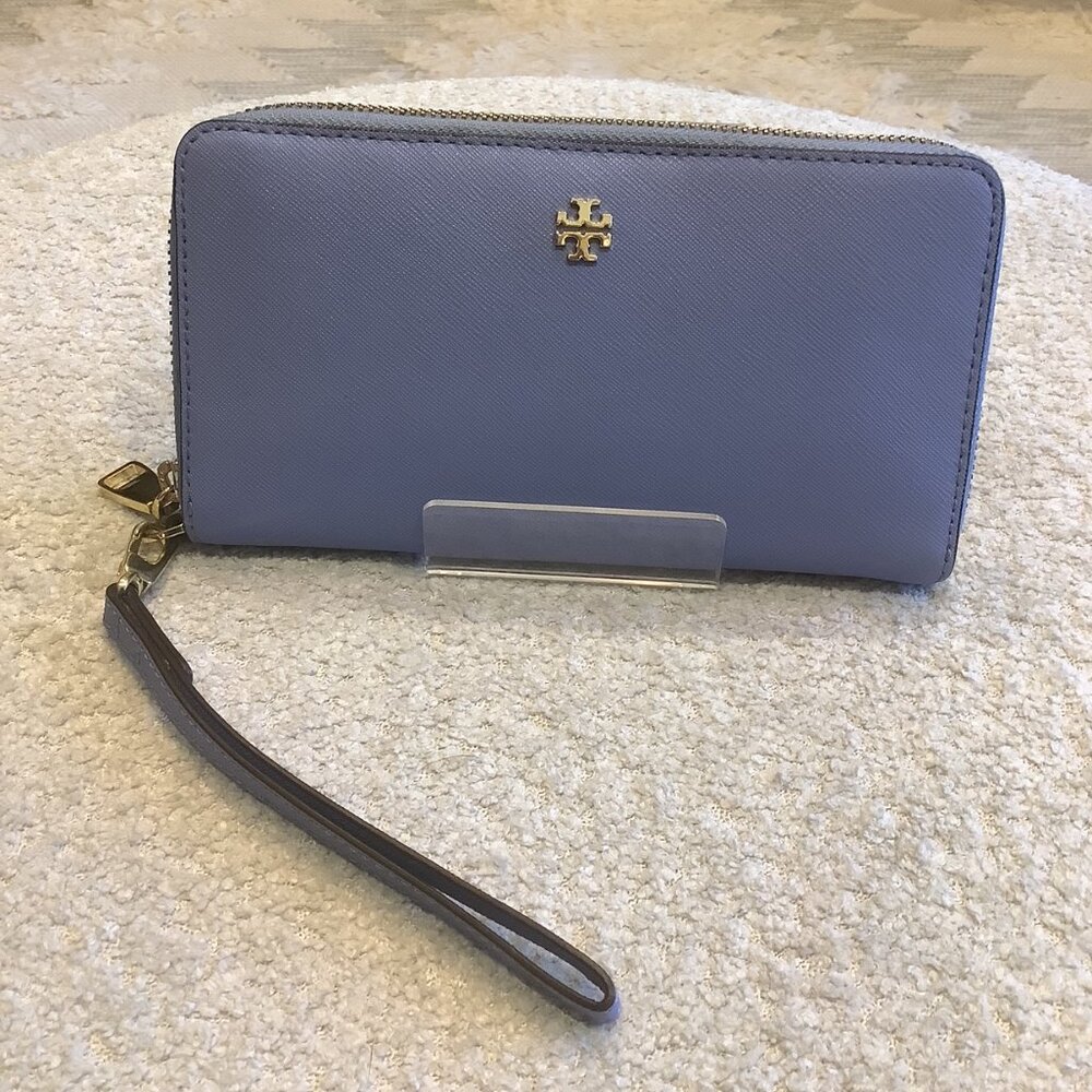 Tory Burch Periwinkle Wristlet Wallet with Gold Logo